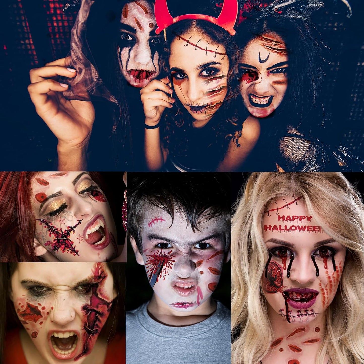 30 Sheets 220+ PCS Halloween Fake Scars Tattoos Temporary, Chucky Zombie Makeup Kit, Realistic Halloween Face Stitch Scar Makeup Tattoos Stickers Masquerade Prank Makeup Props