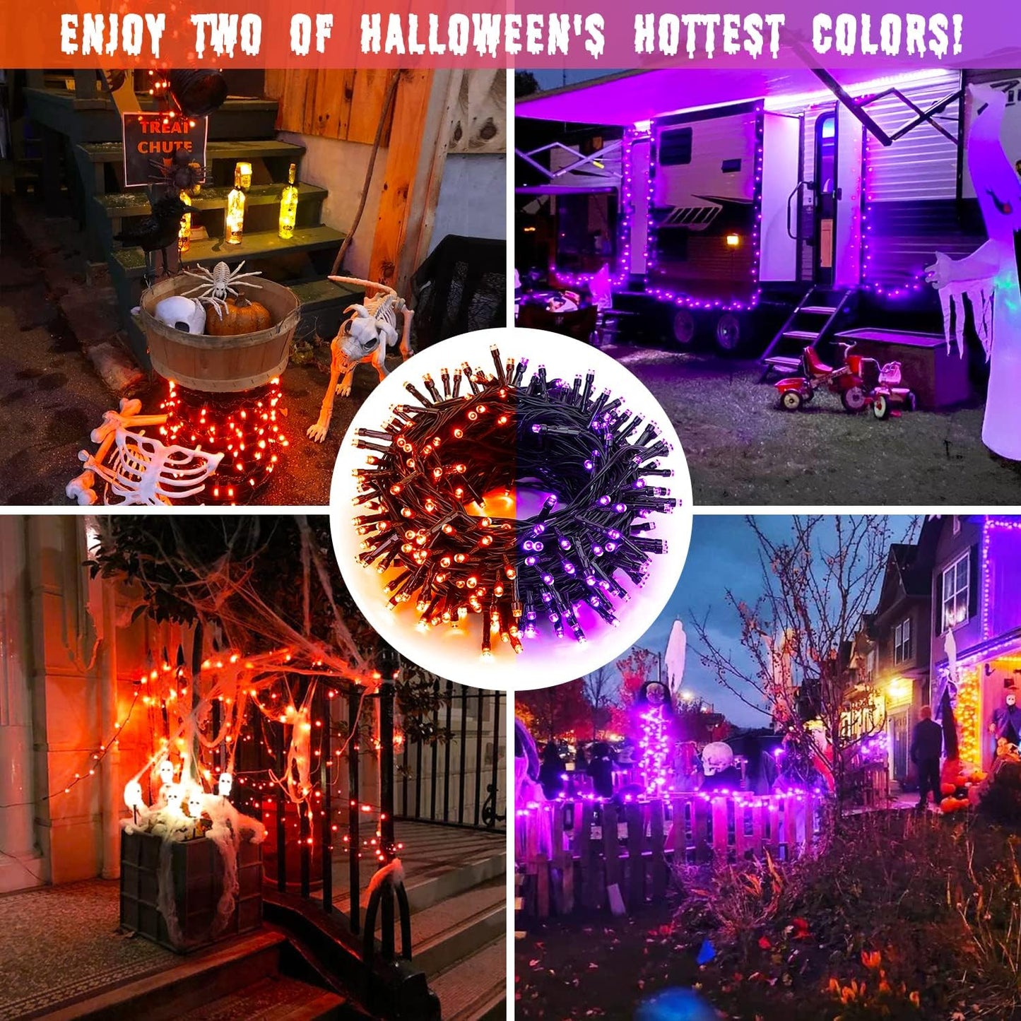 JMEXSUSS Orange and Purple Solar Halloween Lights, 2 Pack 100 Led Color Changing Christmas Lights Outdoor, 33ft 8 Modes Solar String Lights Waterproof for Halloween, Christmas, Tree Decor