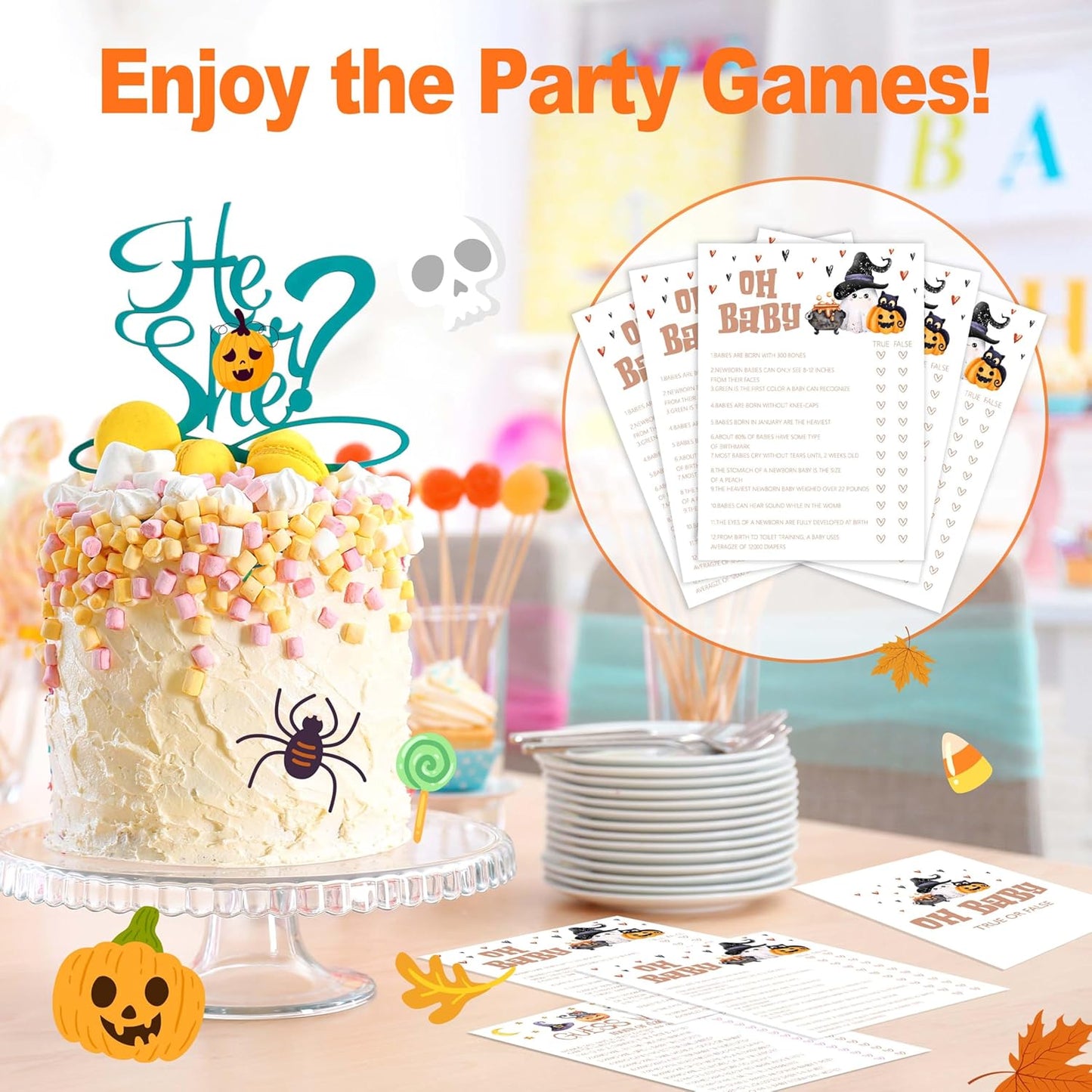 Baby Shower Games, Halloween Oh Baby True or False, 25 Double-Sided Game Cards + 1 Answer Card for Gender Reveal Party Decorations Supplies Announcement - B04