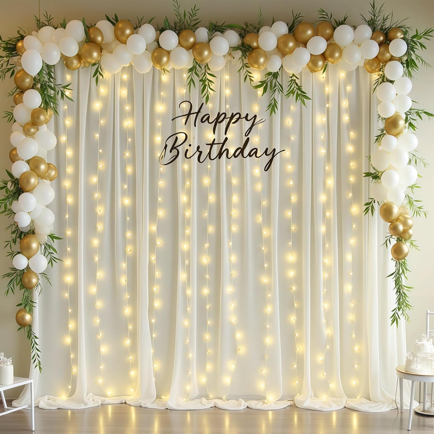 Ivory Backdrop Curtains with Lights for Baby Shower,10x10FT Wrinkle Free Ivory Drapes Photo Backdrop Curtains for Wedding Birthday Party Ceremony Photography Photoshoot Decorations-5ft x 10ft