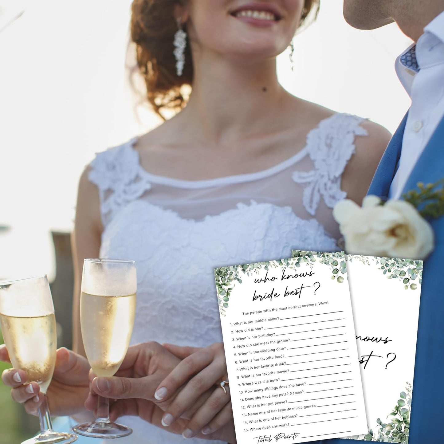 Eucalyptus Bridal Shower Game Cards - Who Knows Bride Best, Wedding Engagement Bachelorette Party Bridal Shower Games for 30 Guests, Double Sided Cards Set of 30, Activity Supplies & Favor/A11