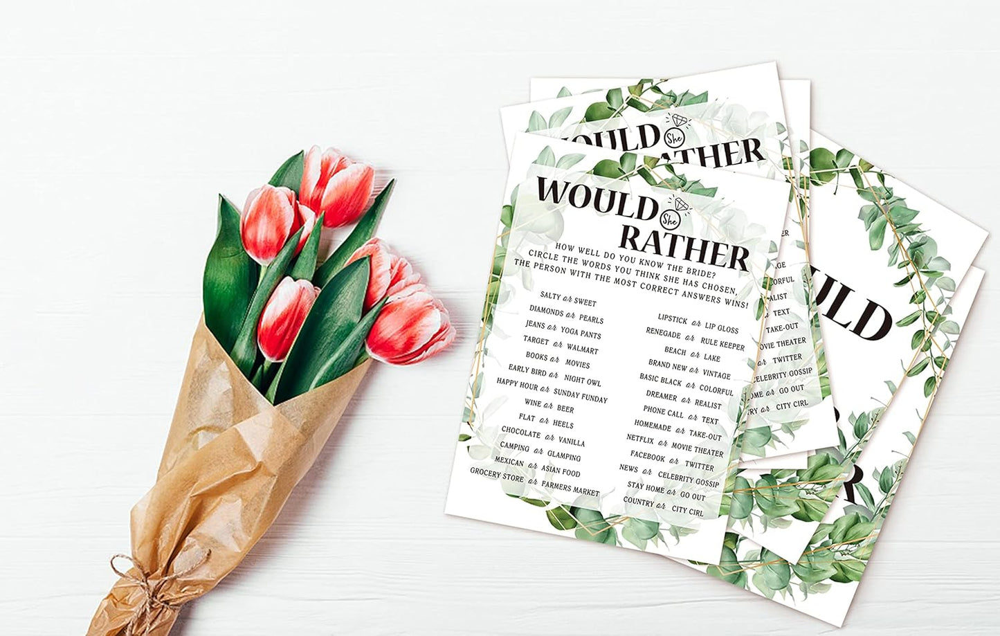 Bridal Shower Game Cards, Would She Rather Game, Tropical Jungle Theme Engagement Party Cards For Wedding, Set of 30 Cards(Leaf003)