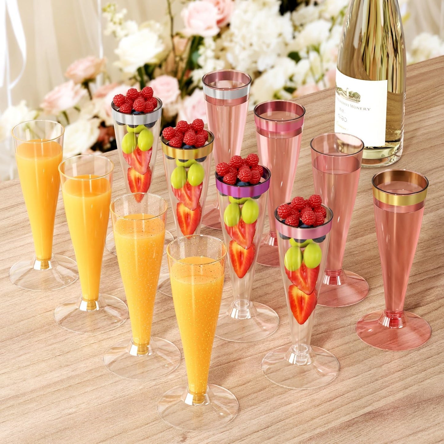 100 Pack Pink Champagne Flutes Plastic Wine Glasses Disposable, 4.5 Oz Clear Mimosa Glasses for 2025 Engagement Wedding Birthday New Years Eve Xmas Party Supplies, Bulk Toasting Cocktail Cups