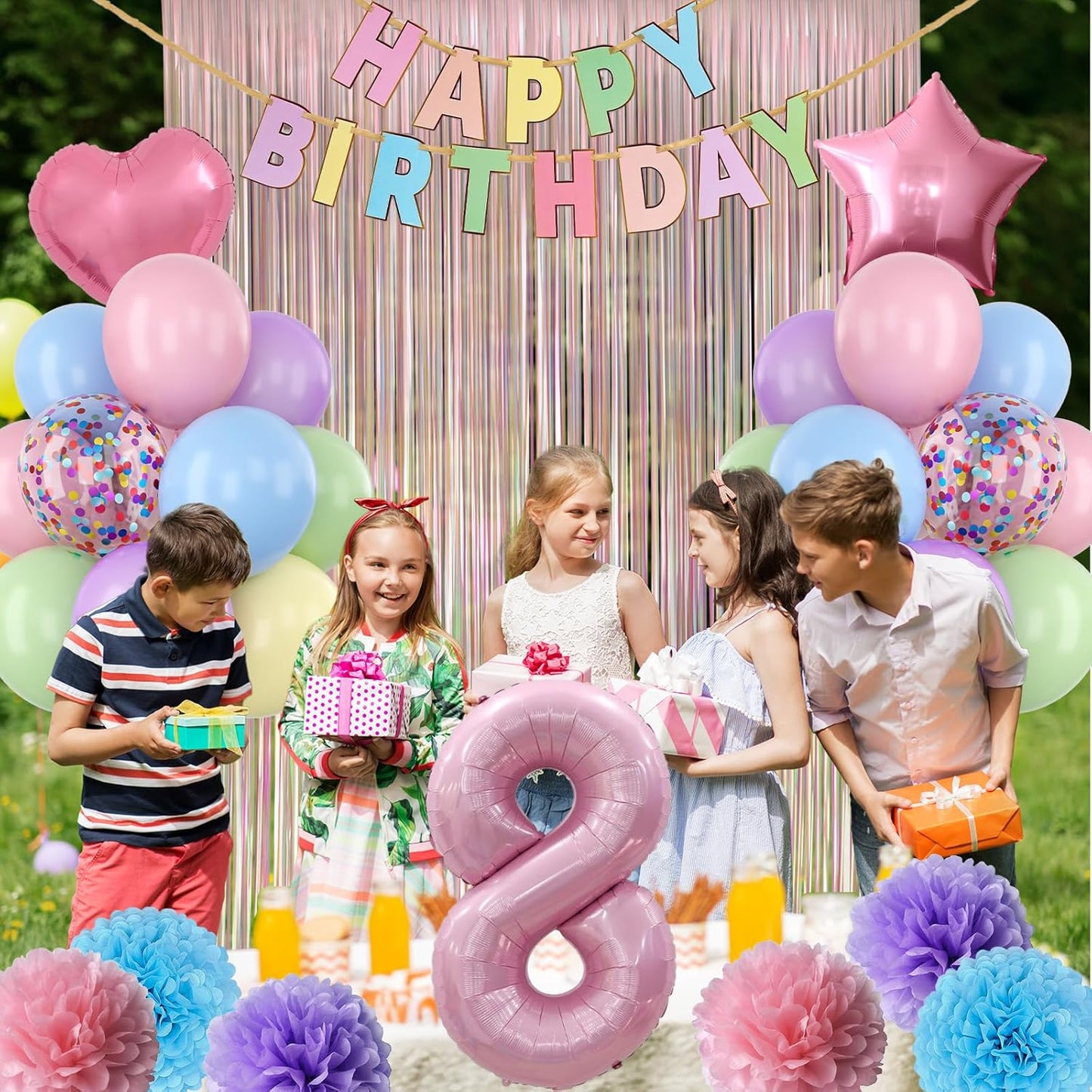 Pastel 8th Birthday Party Decorations for Girls Number 8 Balloon Happy Birthday Banner Butterfly Stickers Fringe Curtain Paper Pom Poms Macaron Pink Star Heart Foil Colorful Balloons 8 Year Old Decor