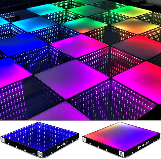 Dance Floor Stage Lights Tempered Glass Infinity Mirror Panel 3D Effect Led Dance Floor for Wedding Party Customizable (3D+RGB-Magnetic, 25PCS(8.2FTX8.2FT))