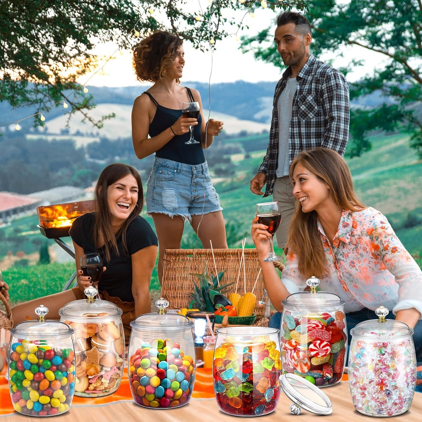 Nuogo 6 Pcs Plastic Candy and Cookie Jar with Lids Decorative Apothecary Jars Candy Buffet Containers Clear Airtight Food Storage Canister Home Decoration(64 oz,Classic)