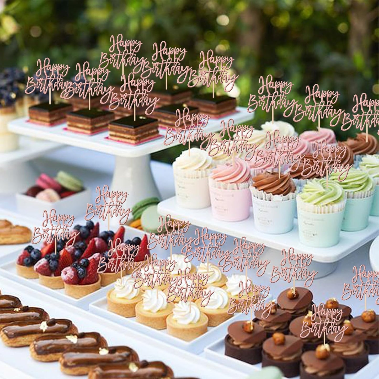 24 PCS Happy Birthday Cupcake Toppers Glitter Picks for Celebrating Anniversary Theme Party Cake Decorations Supplies Rose Gold