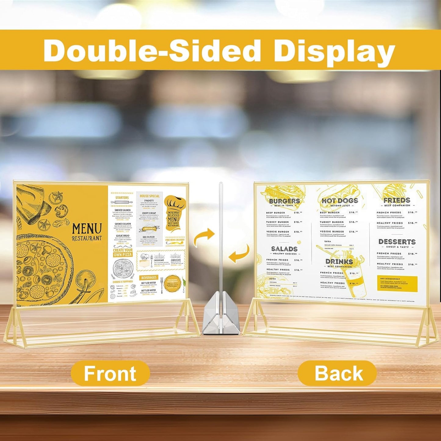 EHWINE 6 Pack Acrylic Sign Holder 5 x 7 Horizontal, Double-Sided Stand up Table Top Sign Holders, Gold Acrylic Picture Frame Menu Flyer Paper Holder Display Stand for Office Business Store Wedding Party