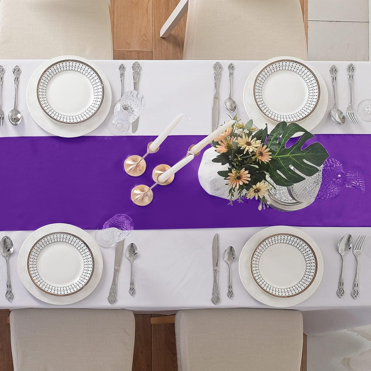 24Pack Table Runner 12 x 108 Inches Satin Silk Table Runner for Wedding, Birthday Party, Banquets, Graduations Decoration, fit Rectange and Round Table-Purple