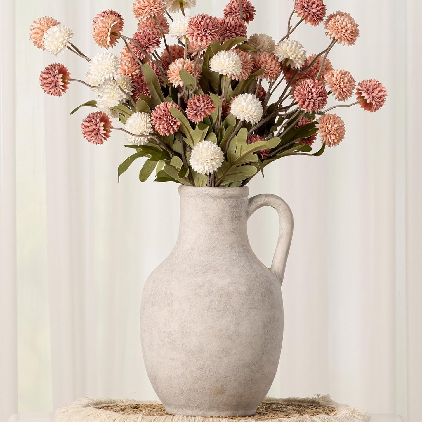 Ceramic Flower Vase Home Decor - 10 Inch Large White Rustic Table Flowers Vases Living Room Bedroom Plant Decorations Farmhouse Vintage for Kitchen Shelf Office Coffee Dining Desk House Women