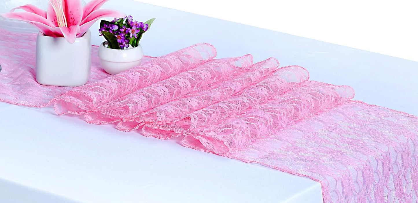 MDS Pack of 25 Wedding 12 x 108 inches Lace Table Runner for Wedding, Decorations for Birthday Parties, Banquets, Graduations, Engagements, and Runners fit Rectangle, Round Table- Pink