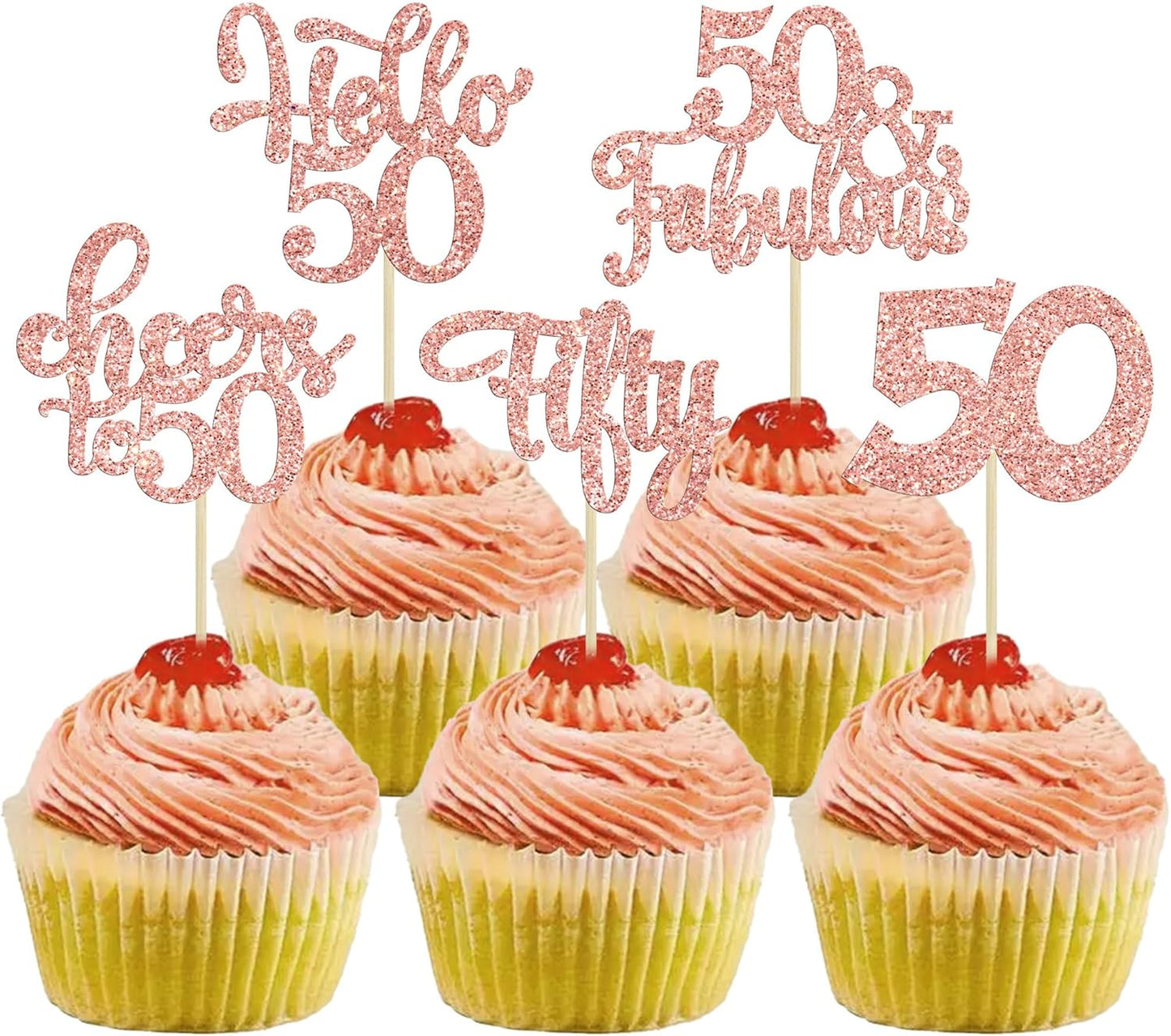 30Pcs Happy 50th Birthday Cupcake Toppers Rose Gold Glitter Fifty Cheers to 50 Years Old Birthday Cupcake Picks for 50th Birthday Anniversary Party Cake Decorations Supplies