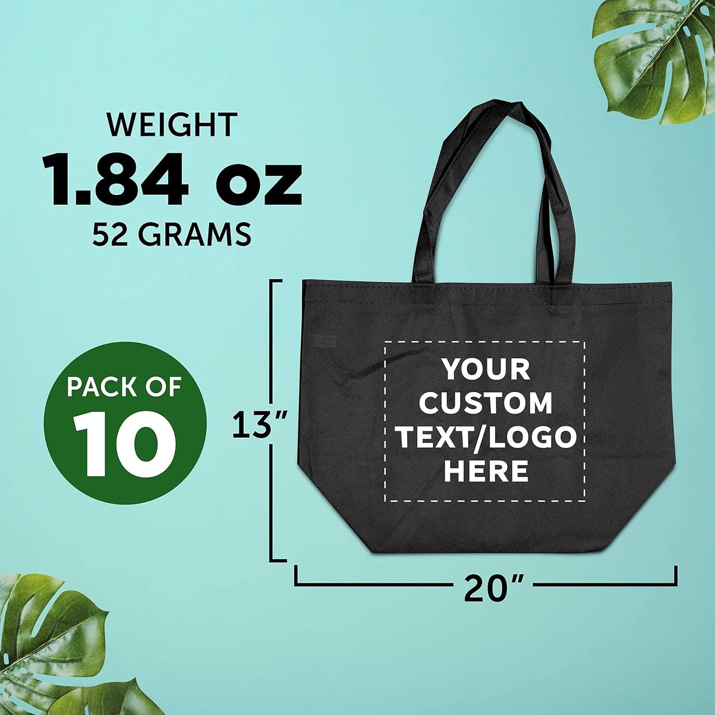 DISCOUNT PROMOS Custom Southern Style Grocery Tote Bags Set of 10 - Personalized Bulk Pack, Reusable Grocery & Shopping Bags - Great for Travel, Carry on Bag, Business Promotions - Black - 20"X13"X8"