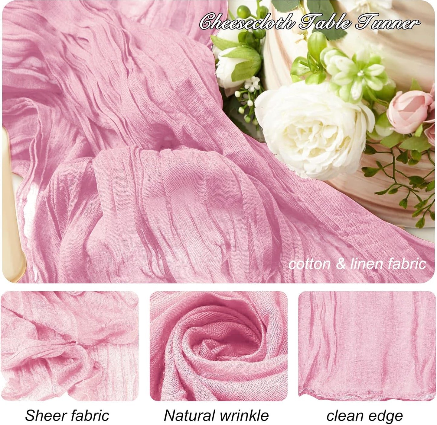 8 Pack 10Ft Table Runner 35x120 inch Pink Boho Gauze Table Cheese Cloth Long Wrinkled Sheer Table Runner for Wedding Bridal Shower Birthday Party Table Decor