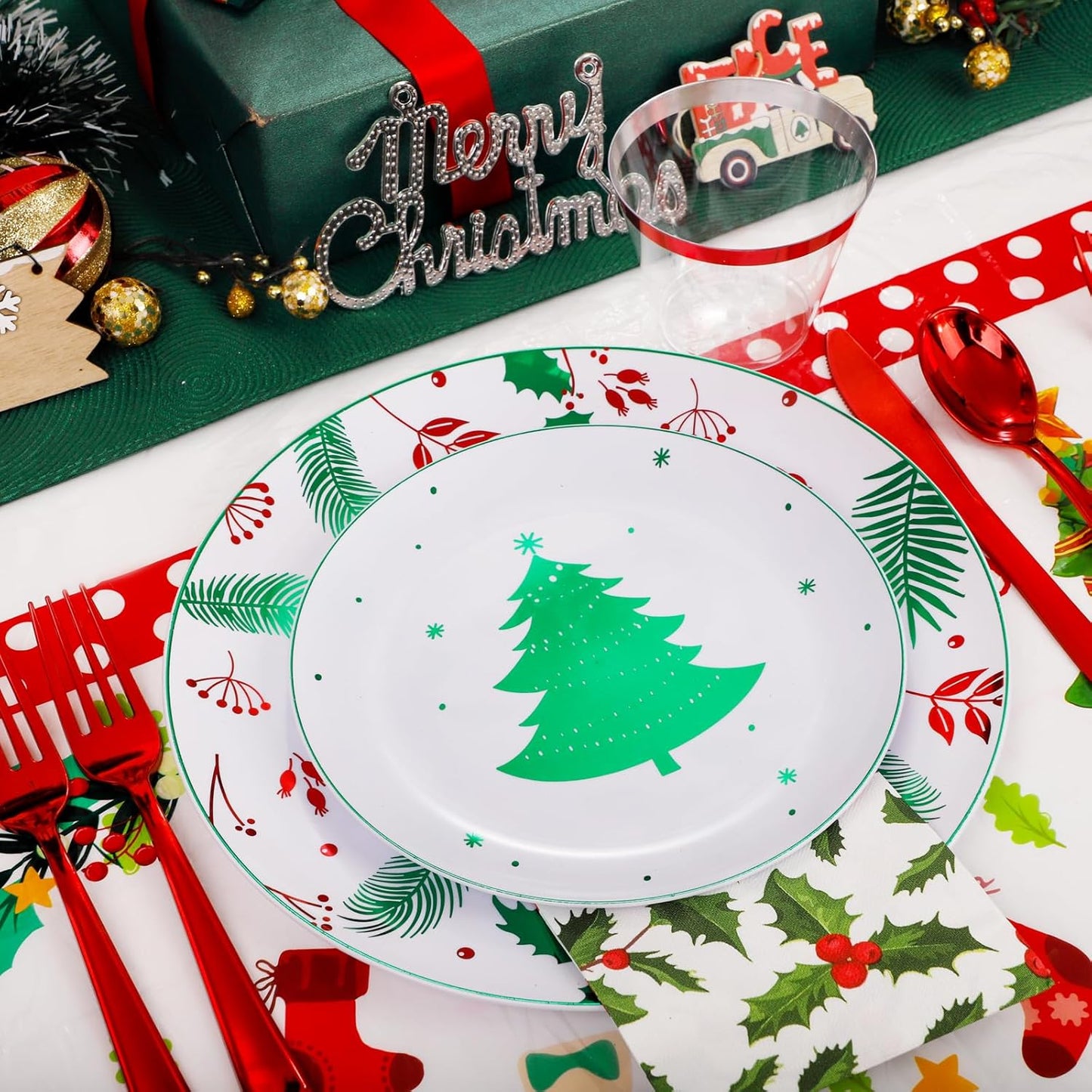 Festiva 176Pcs Christmas Plastic Plates Heavy Duty- Christmas disposable Dinnerware Set-include 50Plates 25Plastic Silverware 25Cups 25Holly Berry Napkins