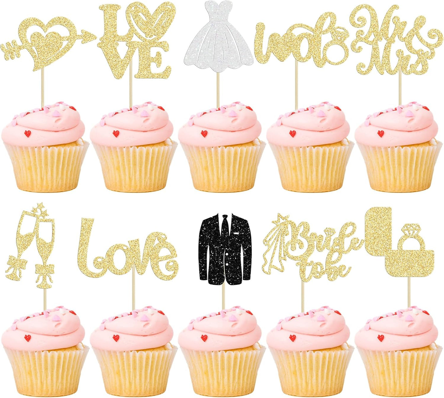 Ephlyn 30Pcs Bride to be Cupcake Toppers Glitter Diamond Ring Love I Do Cupcake Picks for Miss to Mrs Bridal Shower Wedding Engagement Bachelorette Cupcake Decorations Party Supplies Gold