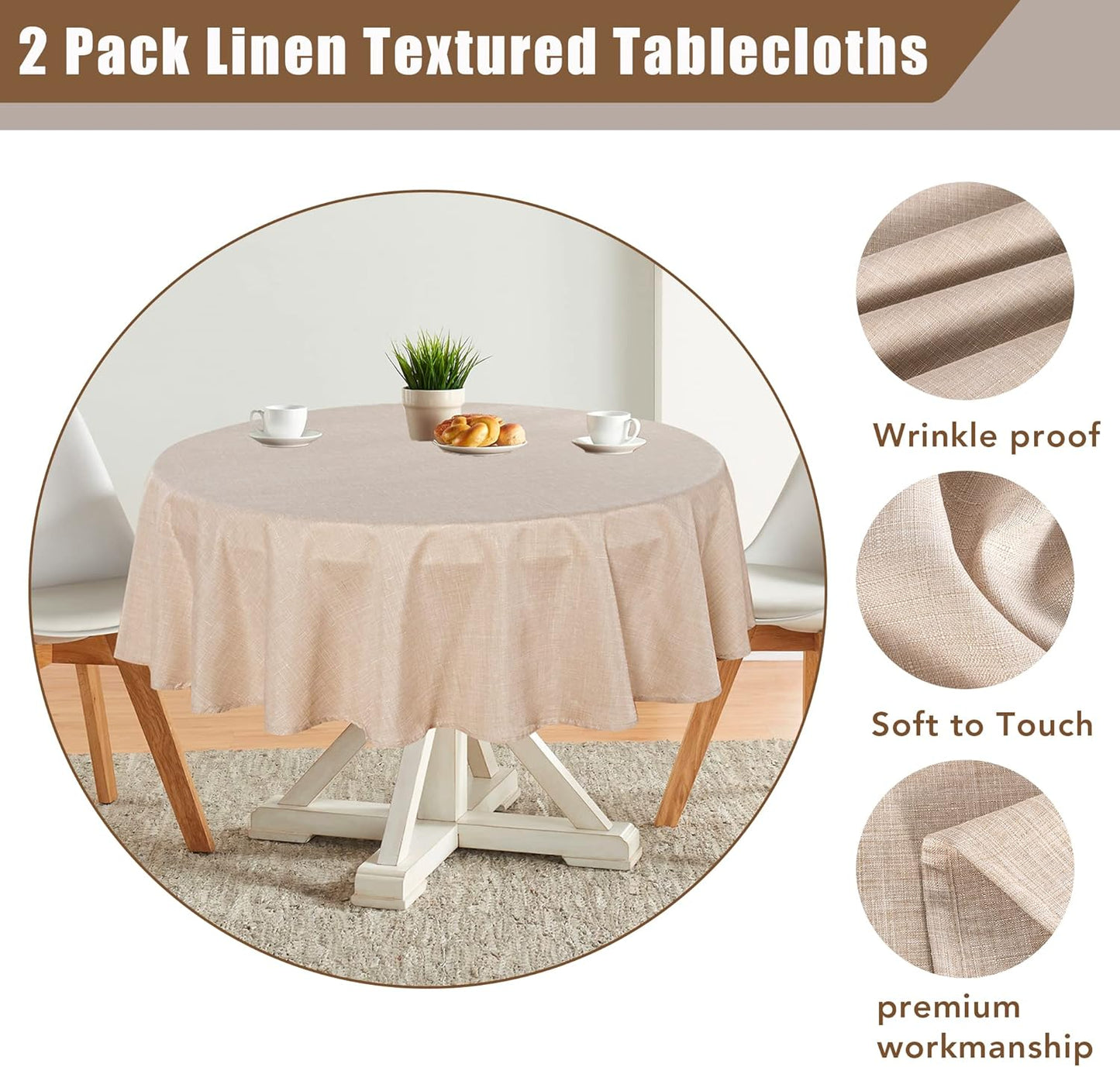 Fitable Faux Linen Textured Beige Round Tablecloths 60 Inches - 2 Pack Faux Burlap Table Clothes for Banquet, Party, Dining, Farmhouse, Outdoor (Great for 20"-48" Round Tables)