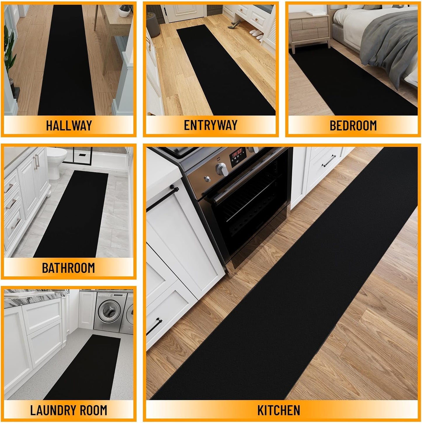 Ottomanson 2x20 Non Slip Extra Long Hallway Runner Rug with Rubber Backing - Solid Modern Kitchen Rug for Bedroom or Living Room, Black, 2' x 20'