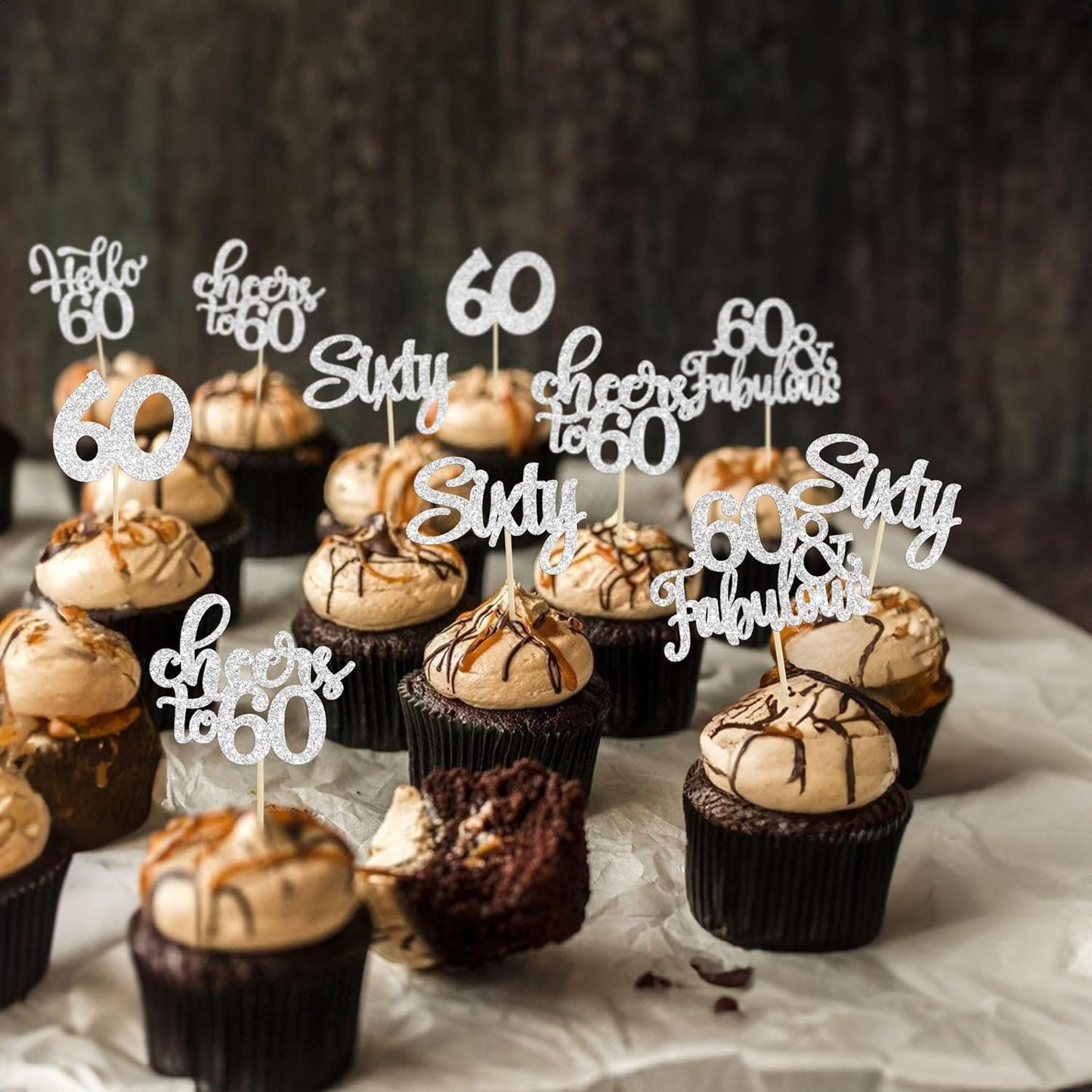 30Pcs Happy 60th Birthday Cupcake Toppers Silver Glitter Sixty Cake Toppers Cheers to 60 Years Old Birthday Cupcake Picks for 60th Birthday Anniversary Party Cake Decorations Supplies