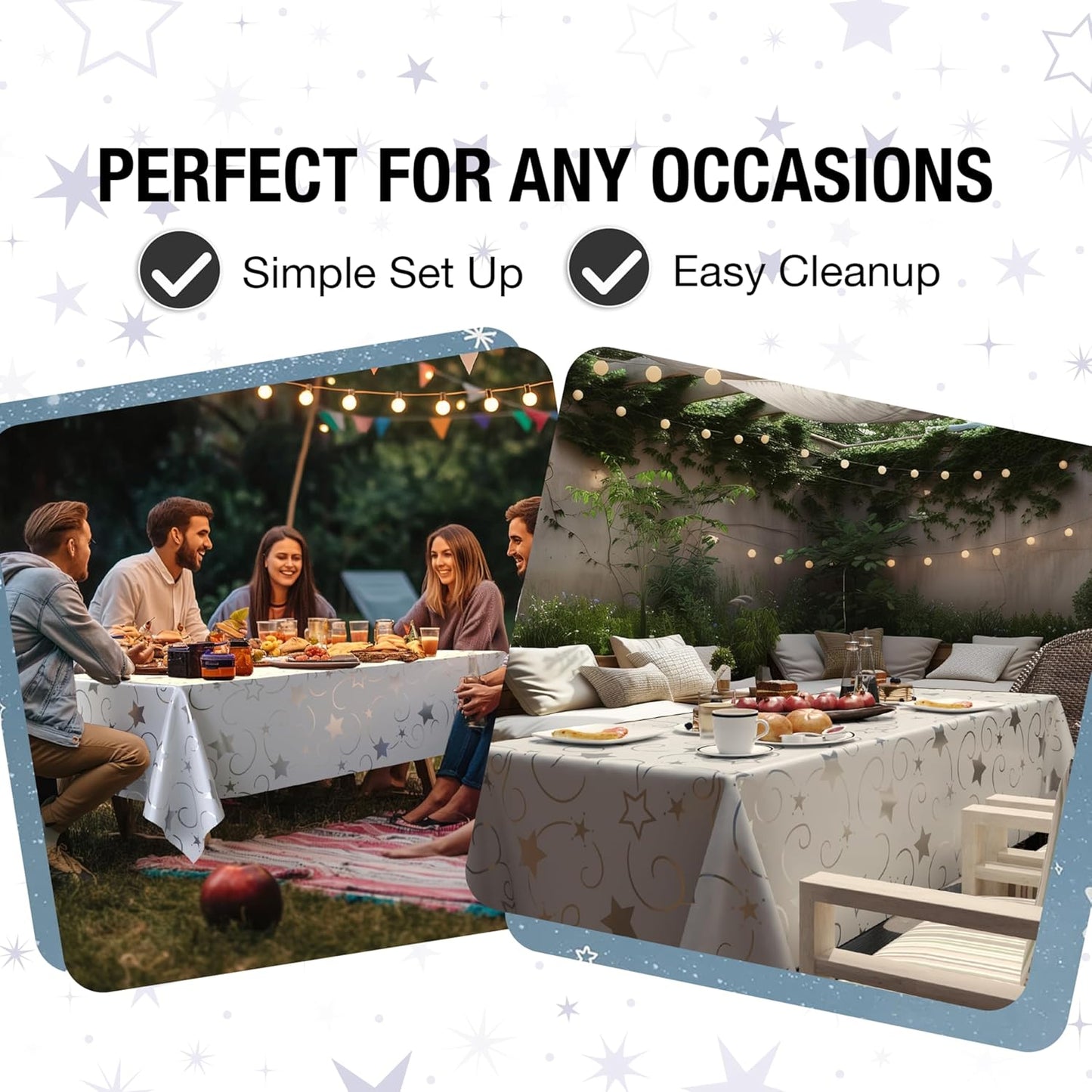 Exquisite Silver Star Tablecloth Plastic 12-Pack Disposable Rectangle Tablecloths 54" x 108" Silver Star Table Cloths Rectangle Table Covers Plastic Tablecloth for Party Decorations