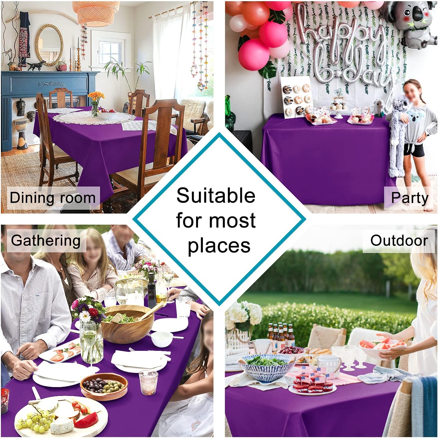 Hiasan Waterproof Tablecloth Rectangle - Washable Fabric Table Cloth for Dining Room Kitchen Birthday Party and Outdoor Use, Royal Purple, 54 x 80 Inch