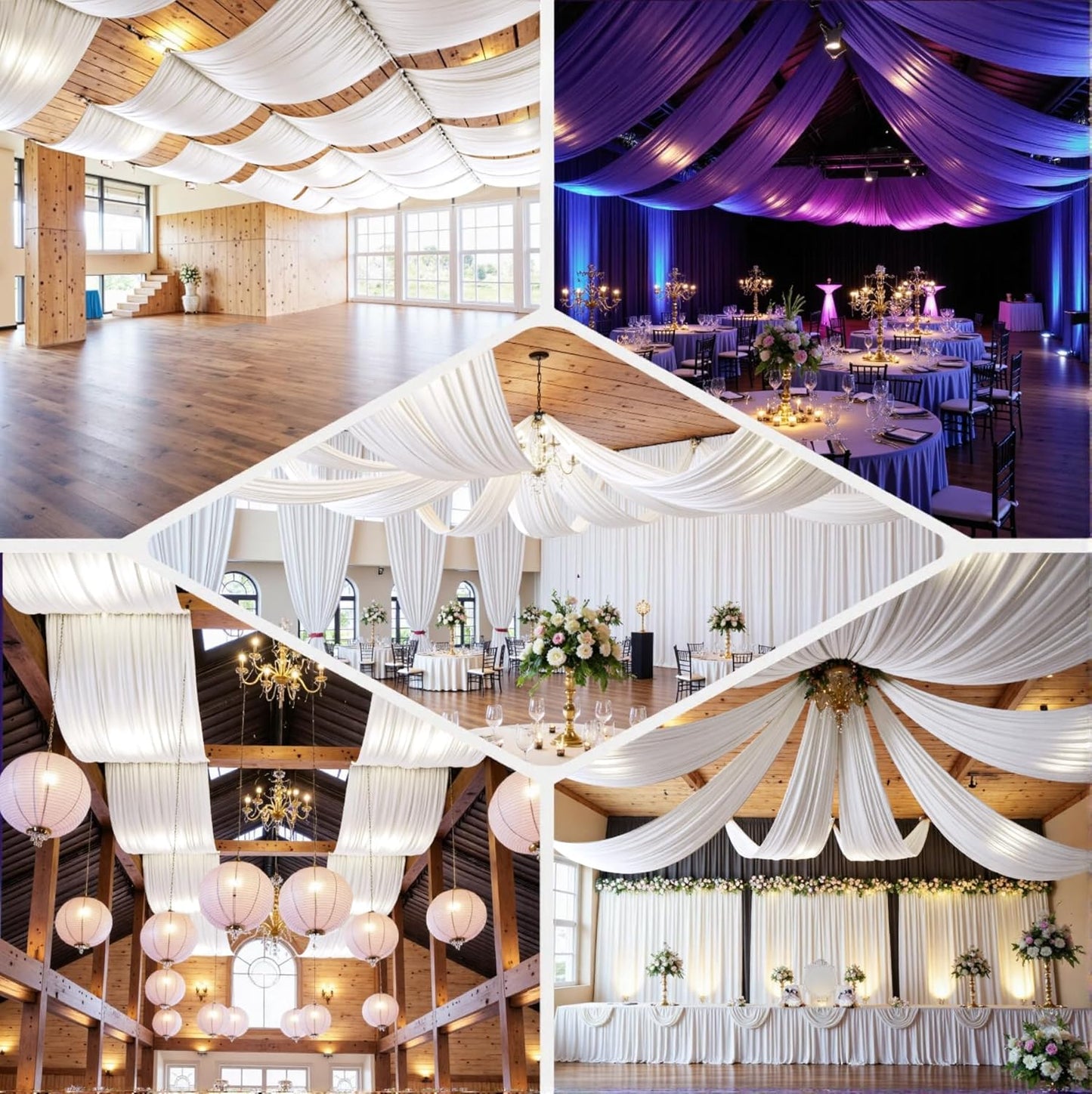 PartyVillage 20ftx40ft White Ceiling Curtain for Wedding Parties – 4 Panels Wrinkle-Free 40 FT Long Tent Draping Curtains for Wedding, Birthday & Theme Parties, 40ft Height with Rod Pocket