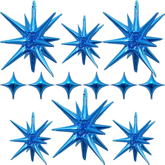 Blue Star Balloons 12pcs, 27/22 Inch Foil Star Explosion Balloons, Large Spike Mylar Cone Balloon, Fireworks Shape Balloon Party Decor for Men Boys Birthday Space Theme Backdrop