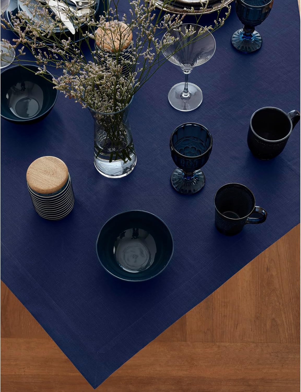 Solino Home Navy Blue Linen Tablecloth 52 x 52 Inch - 100% Pure Linen Square Table Throw - Fete, Machine Washable Table Cloth for Fall, Autumn, Thanksgiving, Christmas, Holiday