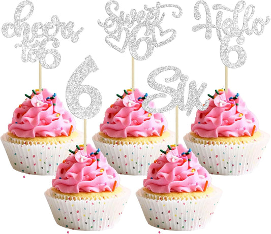 30Pcs 6th Birthday Cupcake Toppers Glitter Six Hello 6 Cupcake Picks Cheers to 6 Years Old Cake Decorations for 6th Birthday Party Supplies Silver