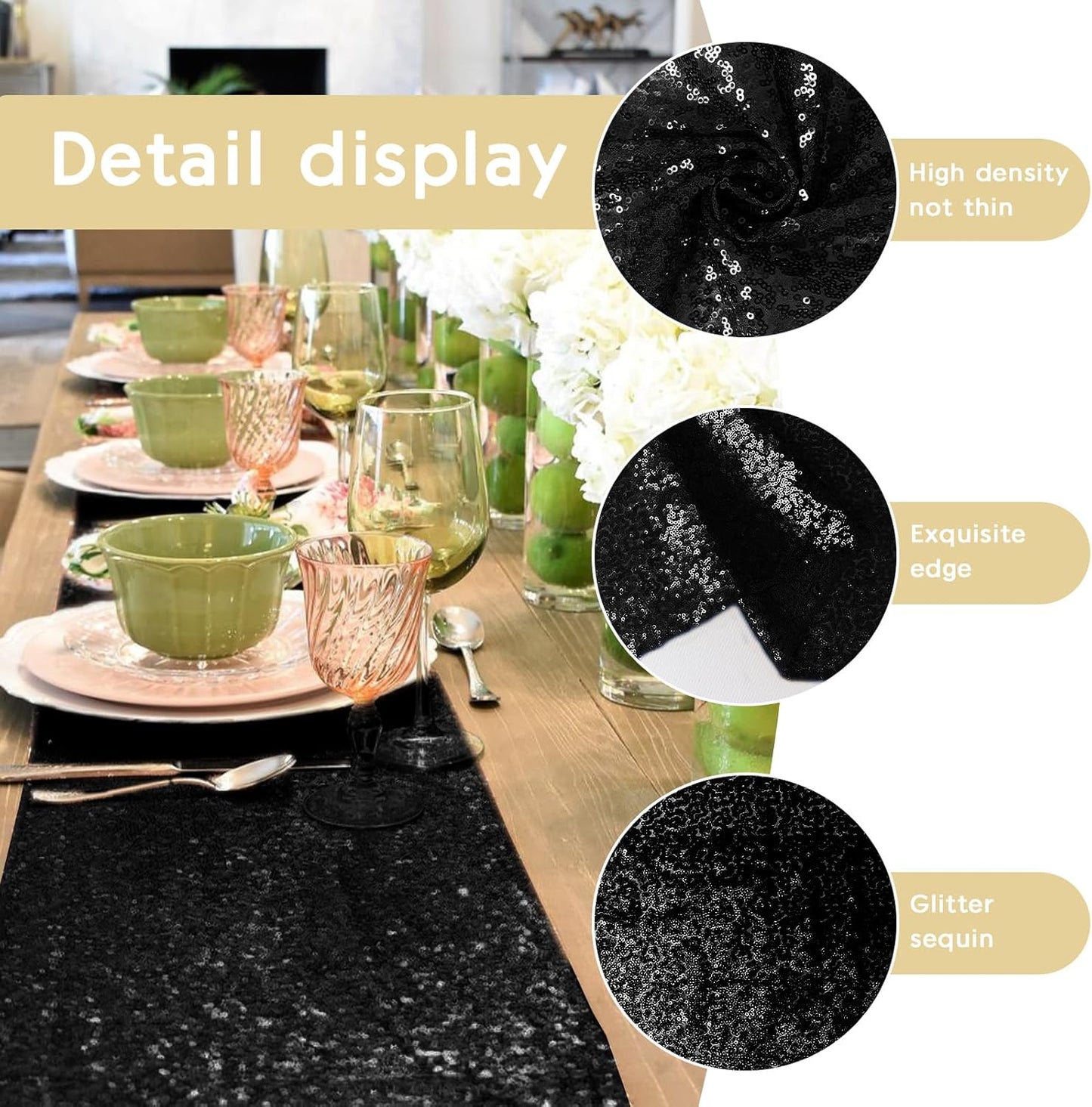 2 Packs 12 x 72 inches Sequin Table Runner, Black Glitter Table Runner for Birthday Party Supplies Wedding Engagement Baby Shower Holiday Celebration Event Decorations