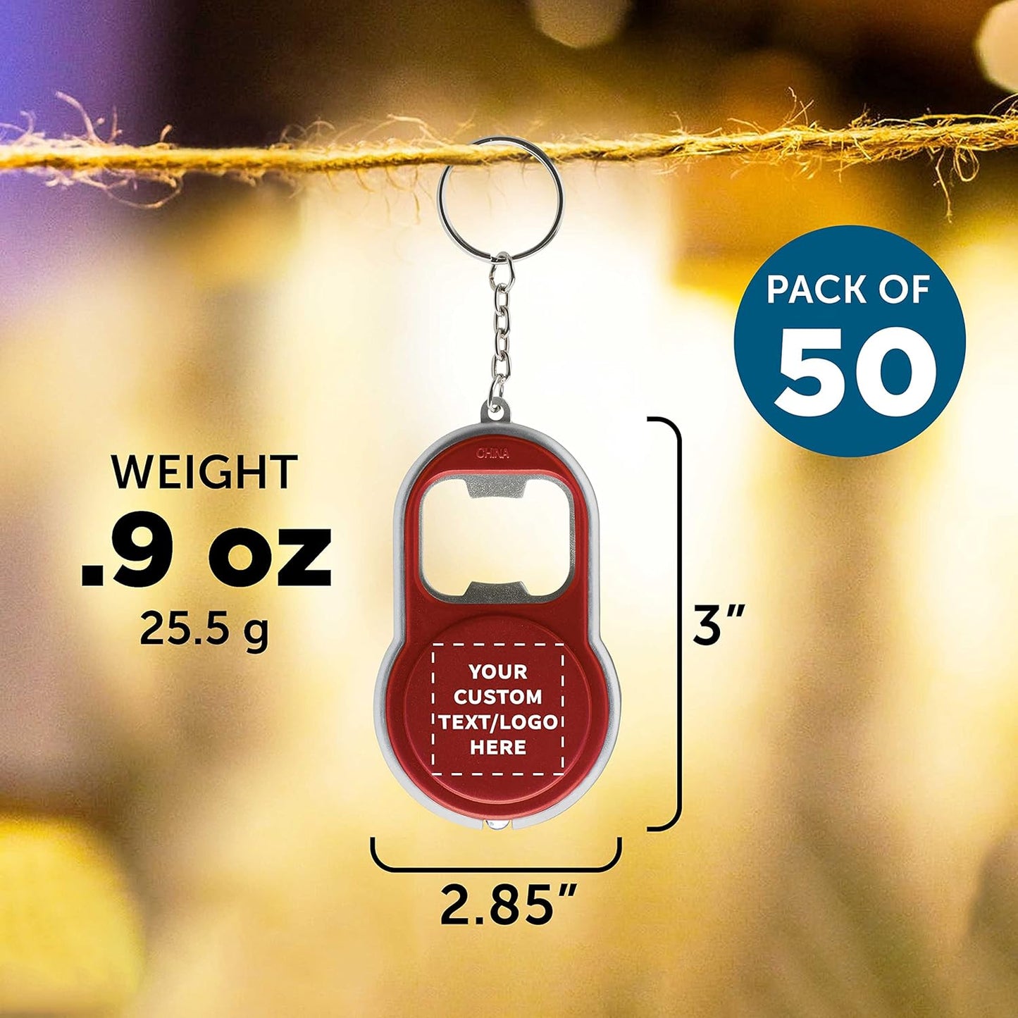 DISCOUNT PROMOS Custom Bottle Opener & LED Keychains Set of 50, Personalized Bulk Pack - Perfect for Tradeshows, Party Favors, Other Events - Red