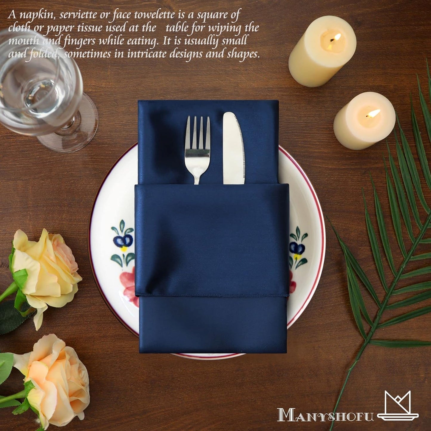 Manyshofu 50 Pieces Navy Blue Satin Napkins - 12x12 Inches Cloth Napkins, Square Satin Fabric Napkin Set - Elegant & Smooth Table Napkins for Wedding Dinner Party Lunch Banquet Decoration