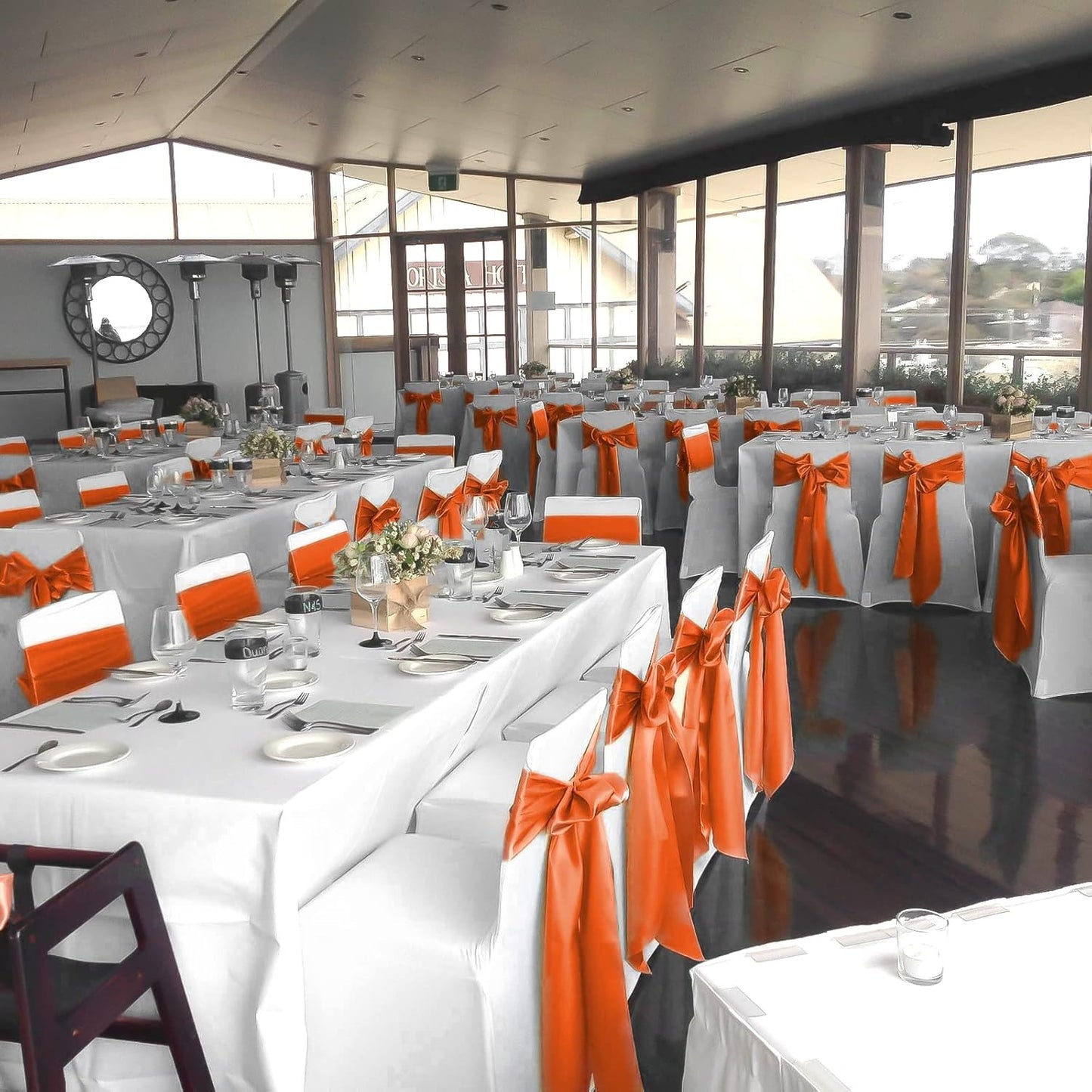 fani 60 PCS Orange Satin Chair Sashes Bows Universal Chair Cover for Wedding Reception Restaurant Event Decoration Banquet,Party,Hotel Event Decorations (7 x 108 inch)