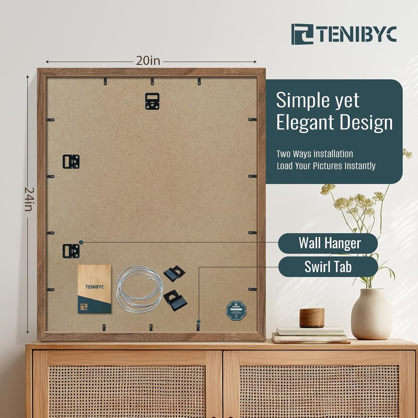 20x24 Picture Frame 4 Pack, Brown Walnut Wood Poster Frame, Horizontal and Vertical Display, Wall Hanging