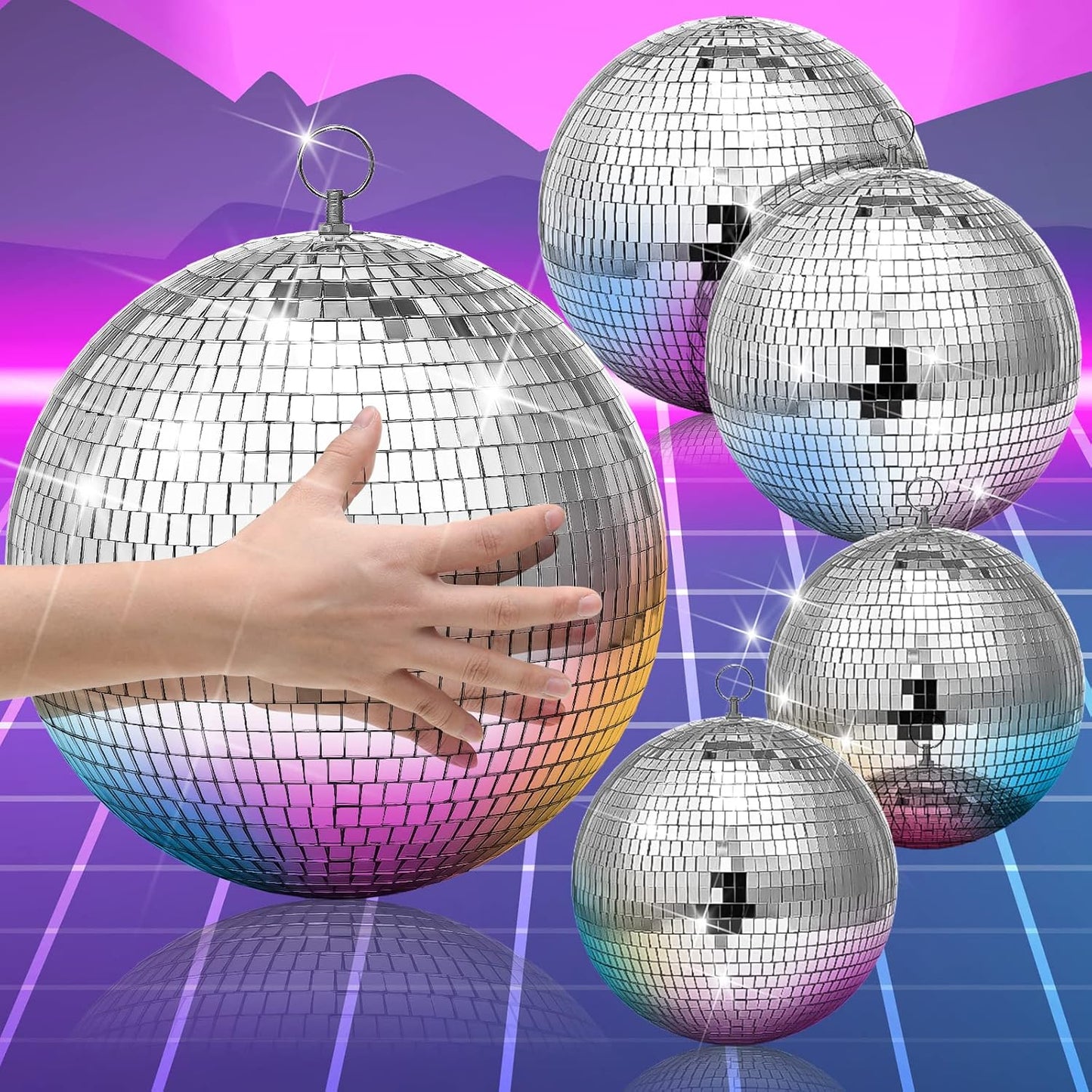 4 Pack Large Disco Balls Party Decoration Silver Hanging Reflective Mirror Ball Ornaments for Halloween Xmas Wedding Holiday Festival Club Stage