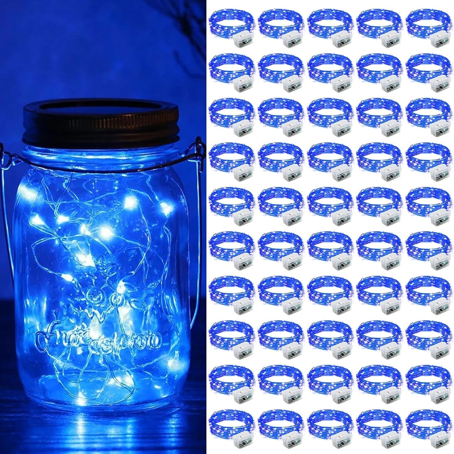 ZGWJ 50 Pack Fairy Lights Battery Operated, 7ft 20 Mini LED Fairy String Lights Silver Wire 3 Modes for DIY, Parties, Wedding, Bedroom, Halloween Christmas Decoration Blue