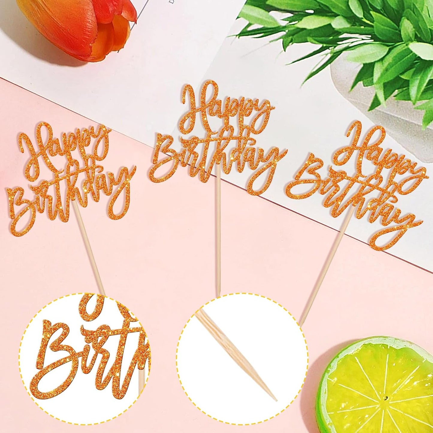 24 PCS Glitter Cupcake Toppers - Happy Birthday & Anniversary Picks - Orange