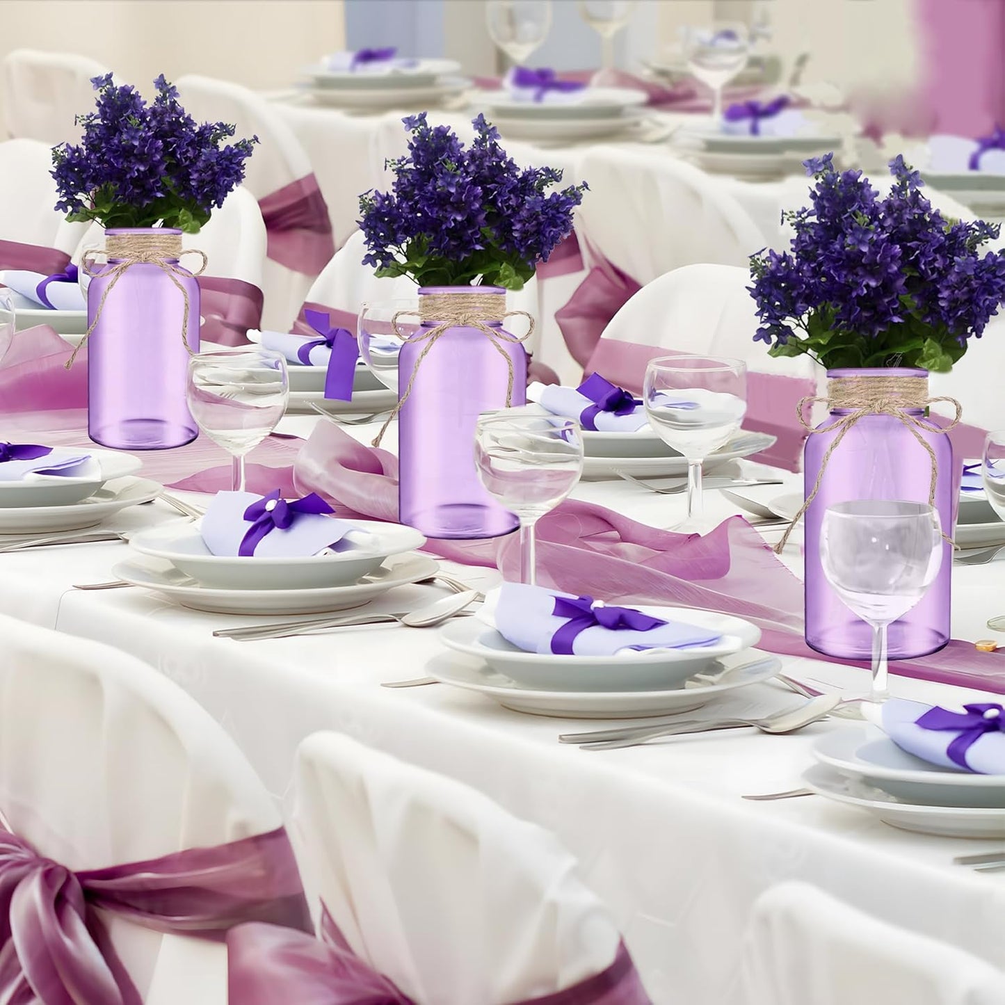 Vintage Glass Flower Vase，6 Pack Farmhouse Purple Glass Centerpiece Vases Mason Jars for Weddings, Parties & Home Decor Bulk (6, Purple)