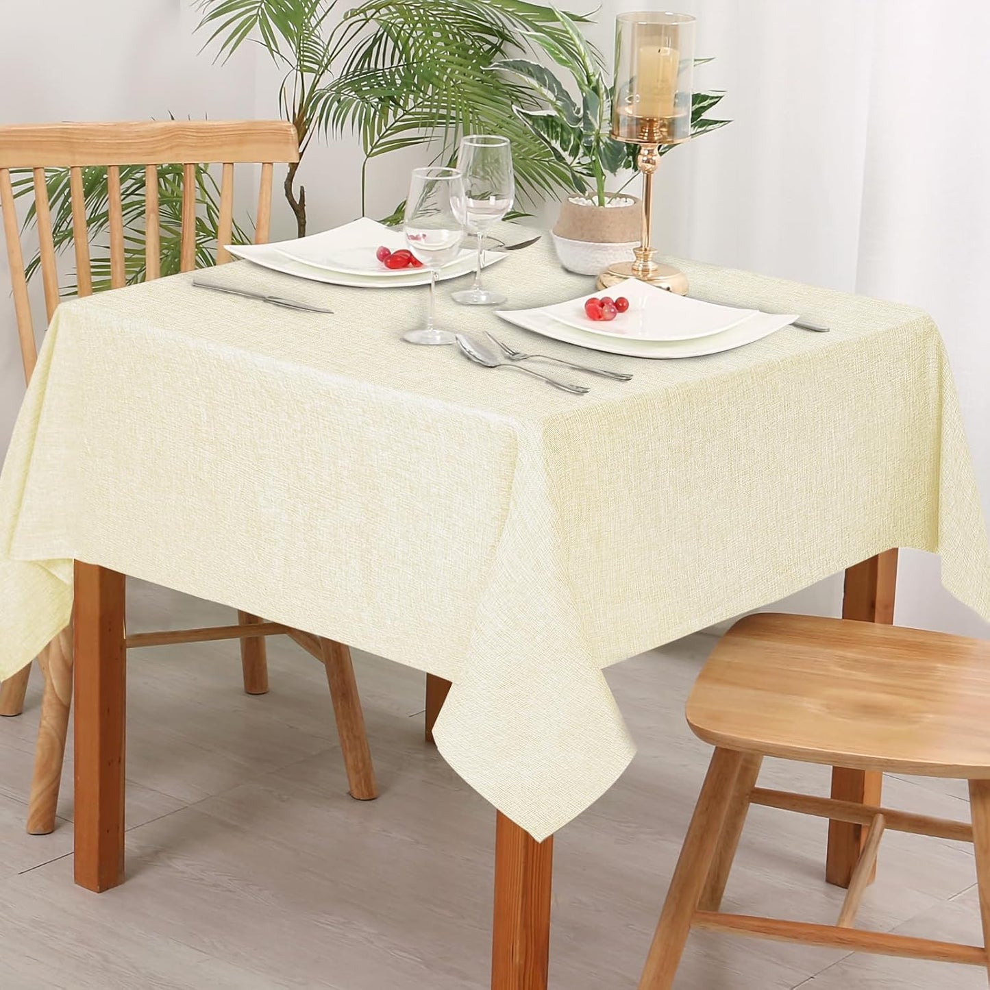 Hiasan Faux Linen Square Tablecloth - Wrinkle and Stain Resistant Washable Table Cloth for Kitchen Dining Room Holiday Table Cover for Dinner, Champagne, 54 x 54 Inch
