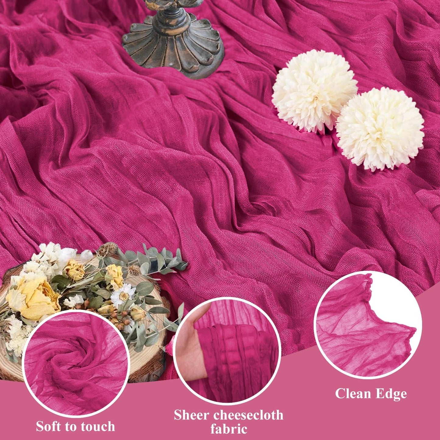 Asee'm 12pcs Cheesecloth Table Runner 120 Inches Long Fuchsia Boho Gauze Cheese Cloth Runner 10FT Rustic Sheer Table Runners for Christmas Wedding Party Baby Shower Spring Easter Decoration