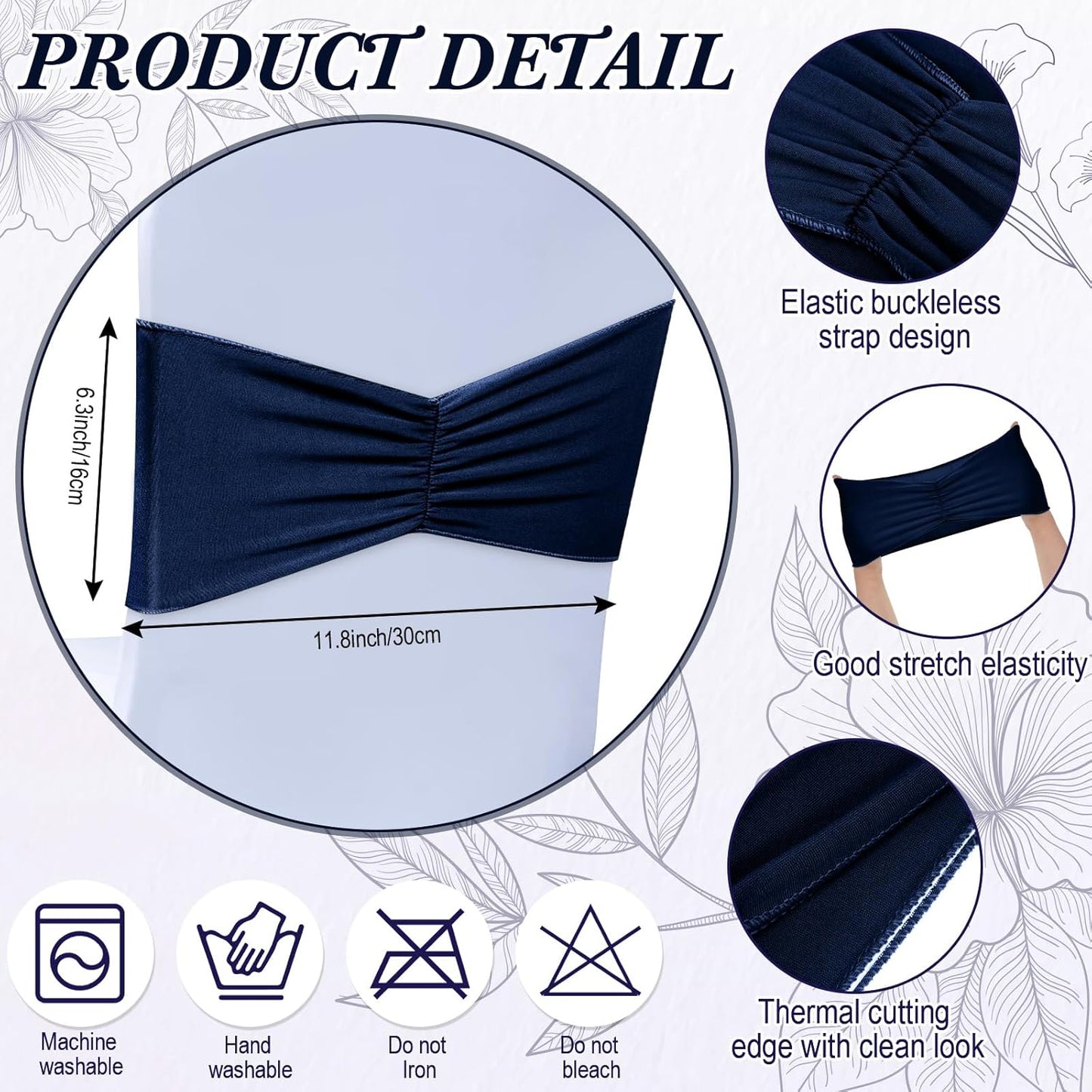 Moukeren 100 Pcs Spandex Chair Sashes Bows Bands Slider Sashes for Chair Covers Elastic Bands Ties Ribbon Decorations for Wedding Party Events Ceremony Birthday Banquet(Navy Blue)
