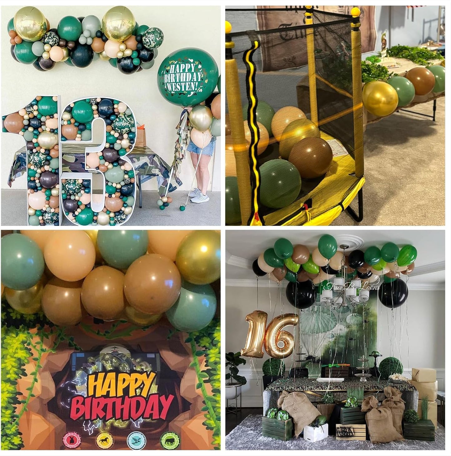 60 PCS Sage Green, Gold, Brown Latex Balloons - Woodland Camo Army Olive Green, Dark Brown, Coffee Nude Gold Party Balloons for Jungle Safari Woodland Hunting Birthday Decorations