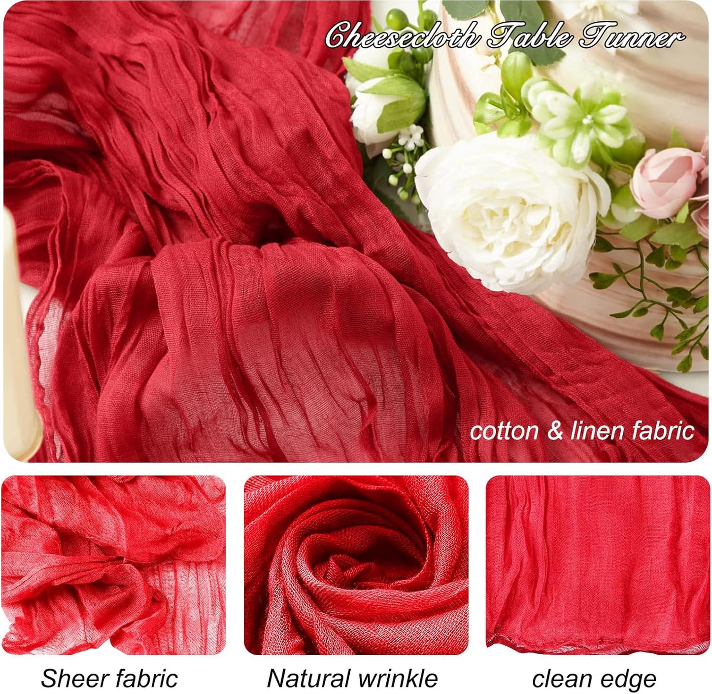 8 Pack 10Ft Red Cheesecloth Table Runner 35x120 inch Boho Gauze Cheese ClothsTable Runners Long Wrinkled Sheer Romantic Table Runner for Wedding Bridal Shower Birthday Party Table Decor