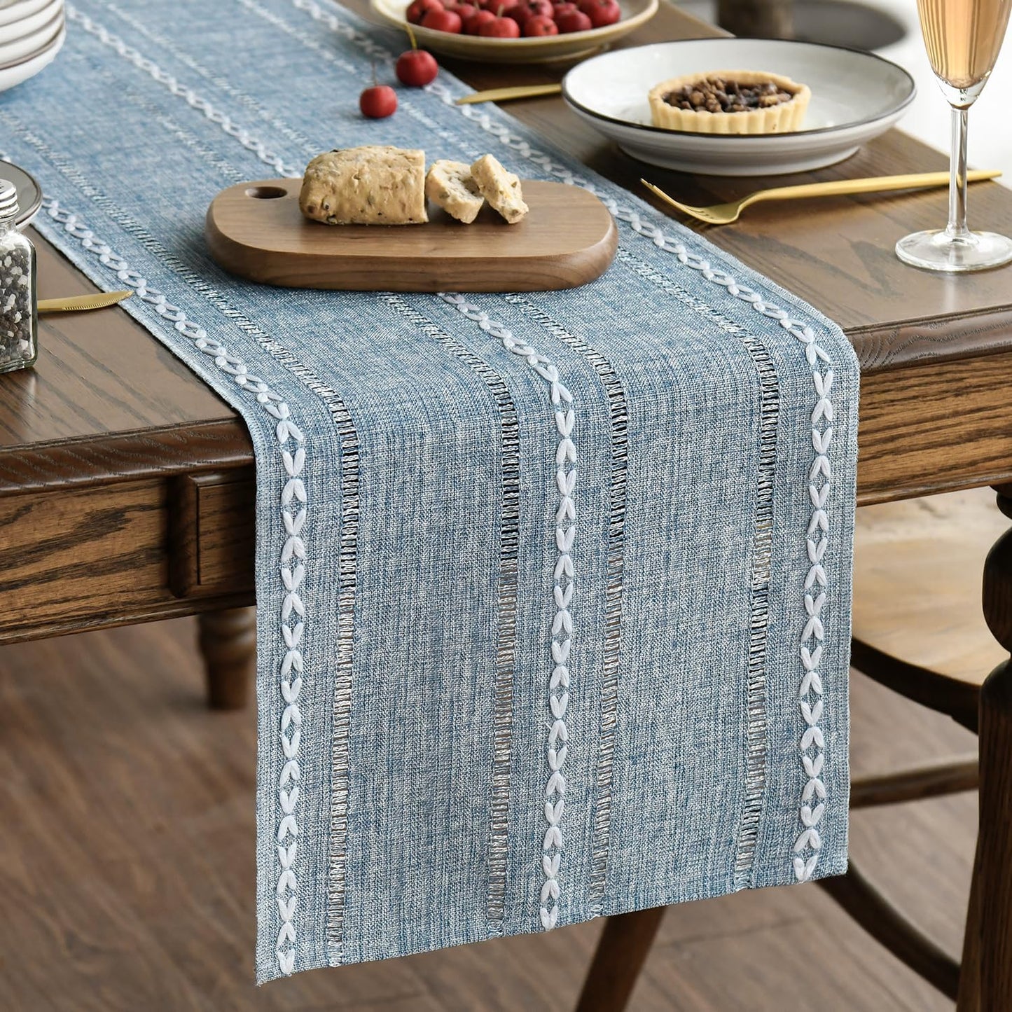 Artoid Mode Dusty Blue Cotton Linen Table Runner, Seasonal Rustic Embroidered Hollow Kitchen Dining Table Decoration for Home Party Decor 13x90 Inch