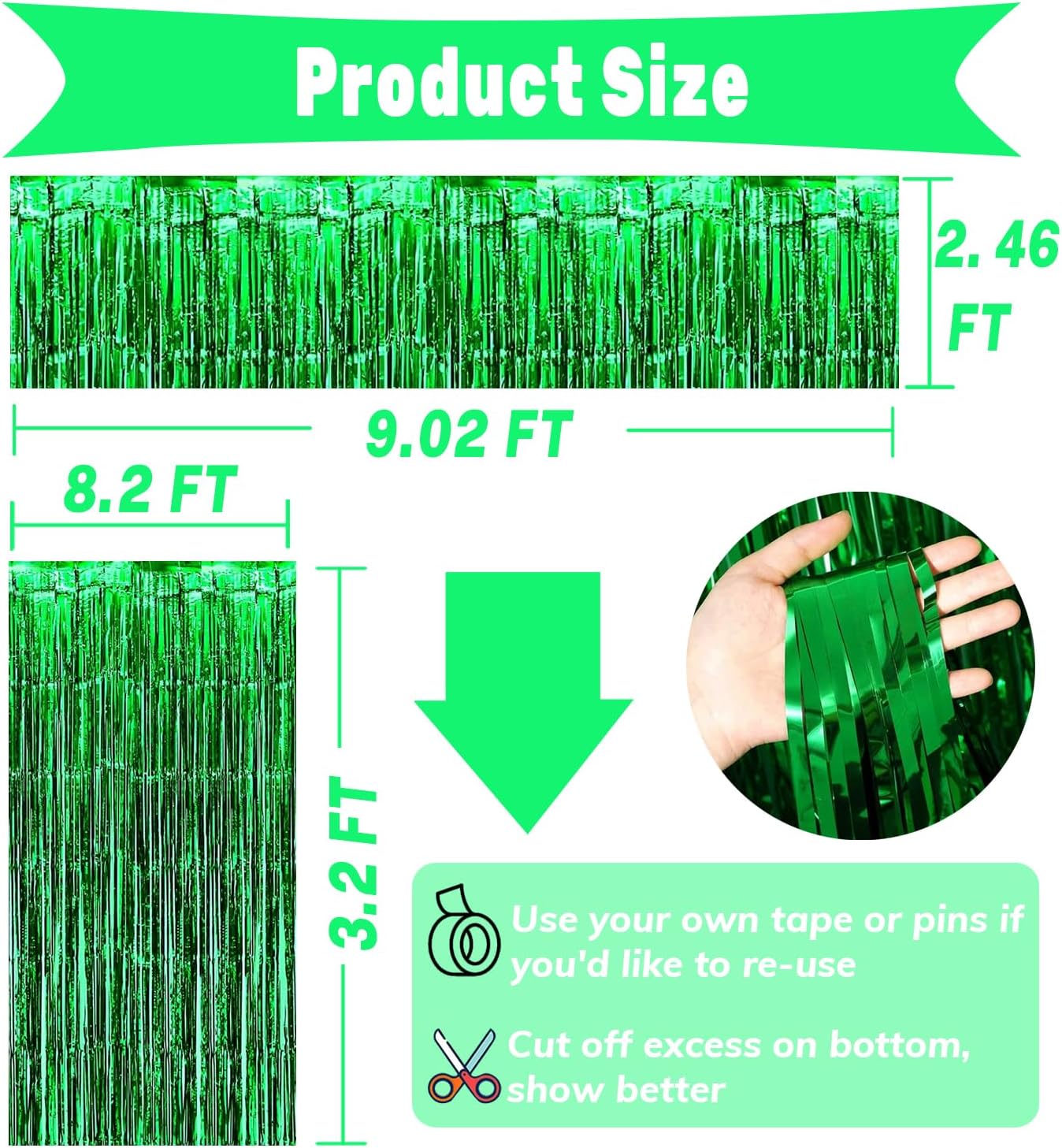 4P Metallic Foil Fringe Tinsel Table Skirts for Rectangle Tables Backdrop Banner Tinsel Streamer Garland Curtains for Parade Floats Wedding Graduation Anniversary Birthday Parties Decoration (Green)