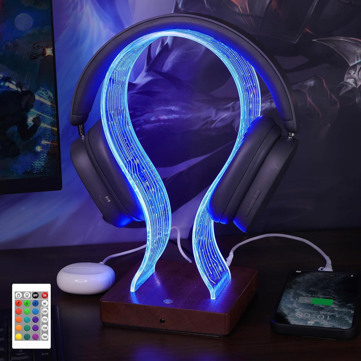 YuanDian RGB Headphone Stand with 16 Changing Colors, Wooden Headset Holder with 1 USB Charging Port and 1 Type-C Charging Port Touch Control with Remote, Gift for Gamers, Men, and Music Lovers