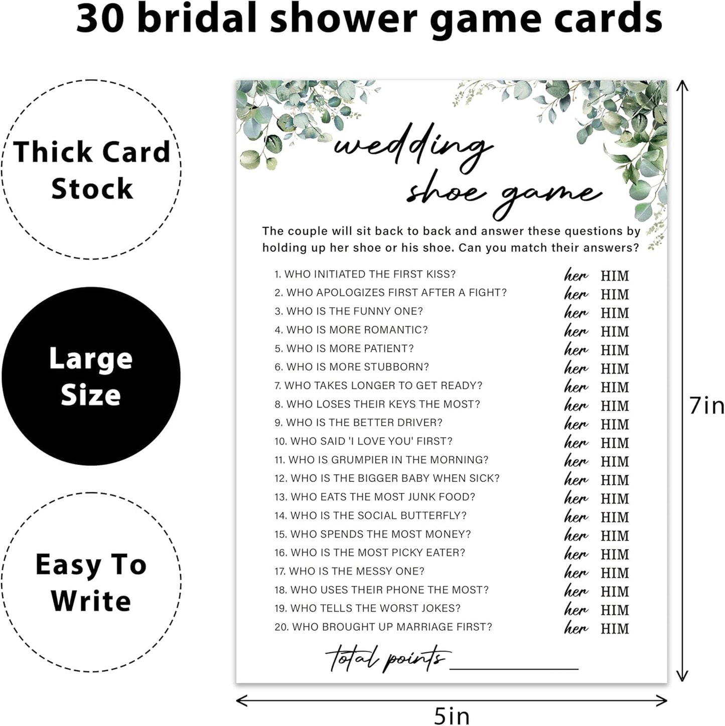 Eucalyptus Bridal Shower Game Cards - Wedding Shoe Game, Wedding Engagement Bachelorette Party Bridal Shower Games for 30 Guests, Double Sided Cards Set of 30, Activity Supplies & Favor/A12