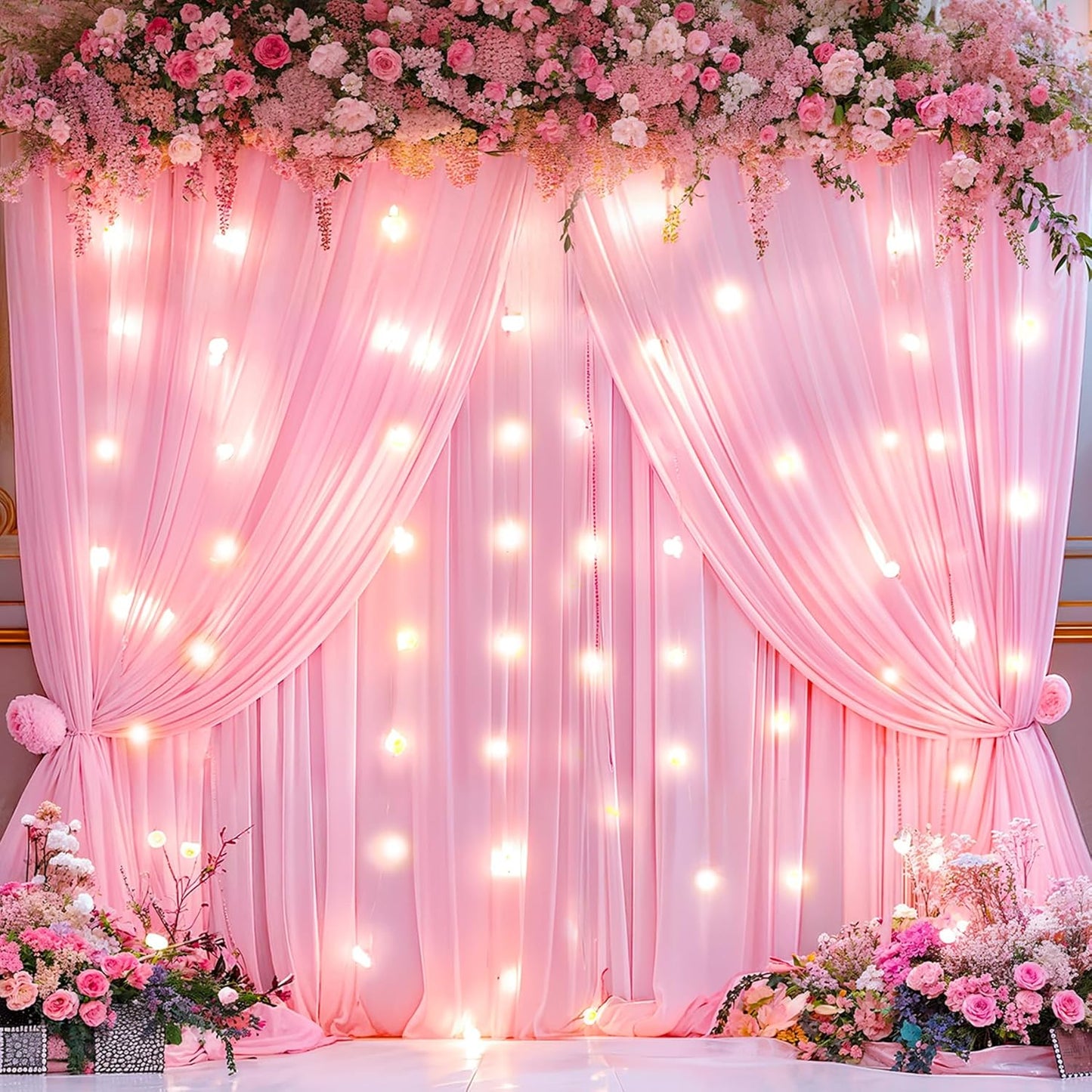 Pink Backdrop Curtains with Lights for Parties,10x10FT Wrinkle Free Polyester Wedding Photo Backdrop Curtains for Baby Shower Birthday Ceremony Reception Home Party Decorations-5ft x 10ft,2 Panels