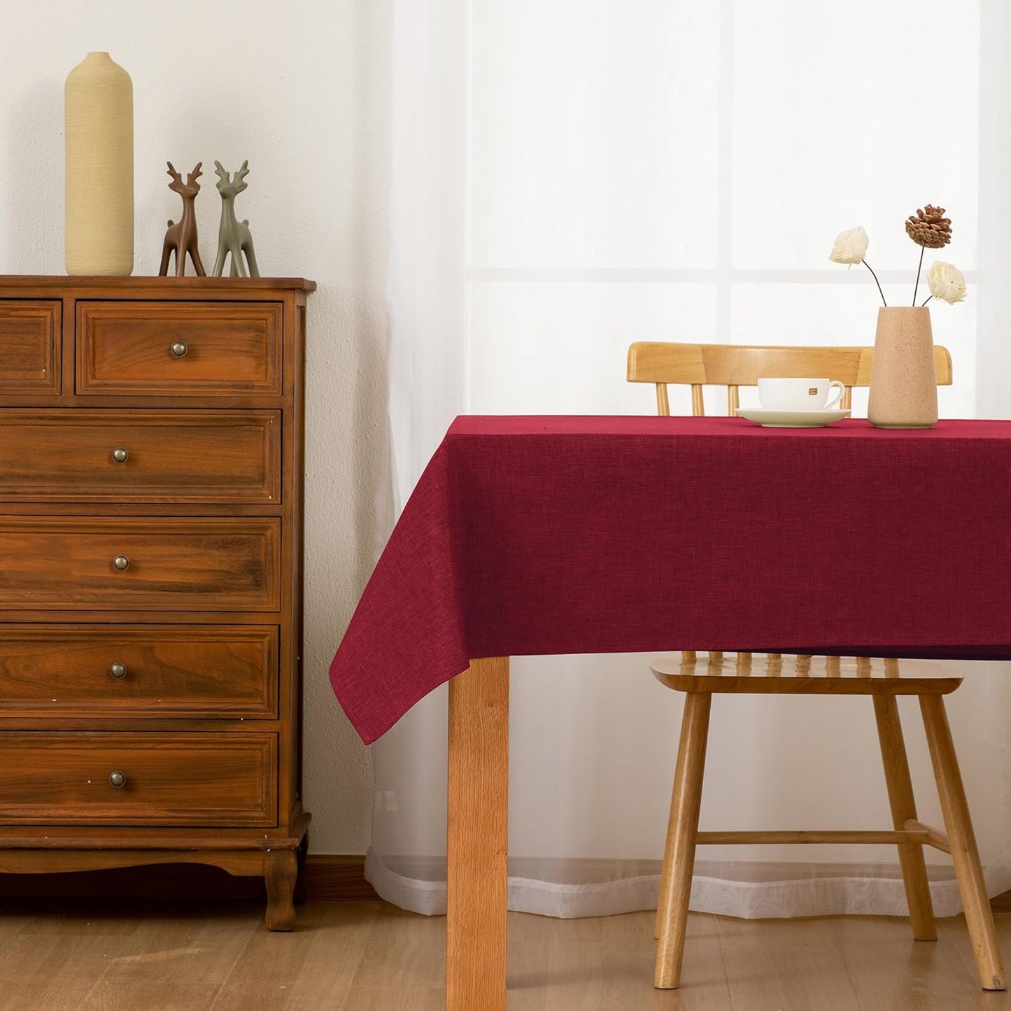 Hiasan Faux Linen Rectangle Tablecloth - Wrinkle and Stain Resistant Washable Table Cloth for Kitchen Dining Room Holiday Table Cover for Dinner, Red, 70 x 90 Inch