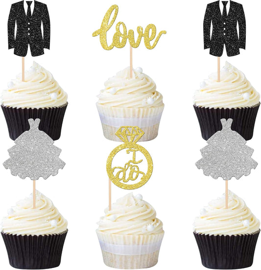 24 PCS Wedding Cupcake Toppers Glitter Bride and Groom Cupcake Picks Love I Do Ring Cupcake Decorations for Wedding Engagement Bridal Shower Theme Party Cake Decorations Supplies Gold
